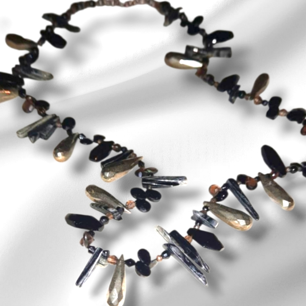 Signed 925 pyrite Onyx Smoky quartz petrified wood spike gemstone necklace